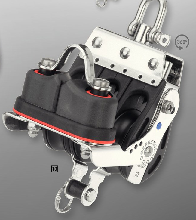 Sprenger 10mm S-Block Nadellager Großschotblock 3 Rollen mit Hundsfott, Schotklemme und Wirbel