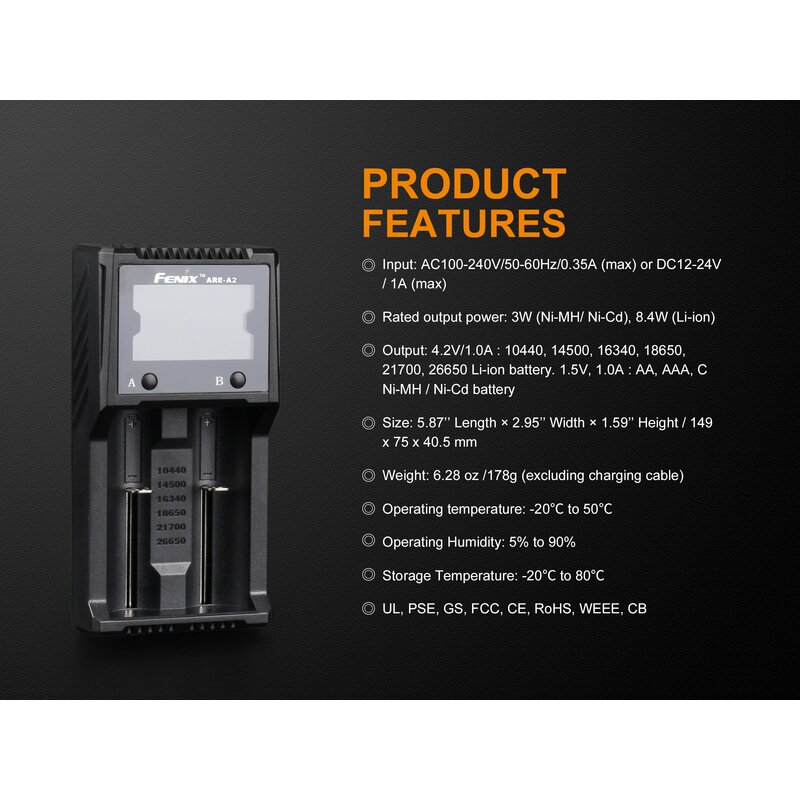 Fenix ARE-A2 Ladegerät für 18650 21700 LiIon Ni-MH